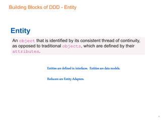 Building Blocks of DDD - Entity
9
Entity
An object that is identified by its consistent thread of continuity,
as opposed to traditional objects, which are defined by their
attributes.
Entities are defined in interfaces. Entities are data models.
Reducers are Entity Adapters.
 