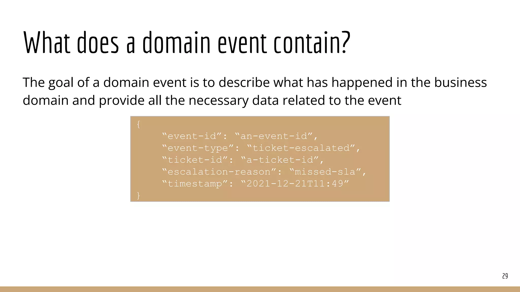 What does a domain event contain?
The goal of a domain event is to describe what has happened in the business
domain and provide all the necessary data related to the event
29
{
“event-id”: “an-event-id”,
“event-type”: “ticket-escalated”,
“ticket-id”: “a-ticket-id”,
“escalation-reason”: “missed-sla”,
“timestamp”: “2021-12-21T11:49”
}
 