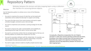 Repository Pattern
Objectives
Use the Repository pattern to achieve one or more of the following
objectives:
• You want to maximize the amount of code that can be tested with
automation and to isolate the data layer to support unit testing.
• You access the data source from many locations and want to apply
centrally managed, consistent access rules and logic.
• You want to implement and centralize a caching strategy for the data
source.
• You want to improve the code's maintainability and readability by
separating business logic from data or service access logic.
• You want to use business entities that are strongly typed so that you can
identify problems at compile time instead of at run time.
• You want to associate a behavior with the related data. For example, you
want to calculate fields or enforce complex relationships or business
rules between the data elements within an entity.
• You want to apply a domain model to simplify complex business logic.
10
August
2018
24
Repository Pattern Source:
Martin Fowler : http://martinfowler.com/eaaCatalog/repository.html | Microsoft : https://msdn.microsoft.com/en-us/library/ff649690.aspx
Mediates between the domain and data mapping layers using a collection-
like interface for accessing domain objects.
322
P of EAA
Conceptually, a Repository encapsulates the set of objects
persisted in a data store and the operations performed over them,
providing a more object-oriented view of the persistence layer.
Repository also supports the objective of achieving a clean
separation and one-way dependency between the domain and
data mapping layers.
2
 