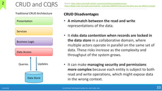 CRUD and CQRS
8/10/2018 33
Presentation
Services
Business Logic
Data Access
Data Store
Updates
Queries
Traditional CRUD Architecture
Source: https://docs.microsoft.com/en-us/azure/architecture/patterns/cqrs
https://blogs.msdn.microsoft.com/maarten_mullender/2004/07/23/crud-only-when-you-can-afford-it-revisite
• A mismatch between the read and write
representations of the data.
• It risks data contention when records are locked in
the data store in a collaborative domain, where
multiple actors operate in parallel on the same set of
data. These risks increase as the complexity and
throughput of the system grows.
• It can make managing security and permissions
more complex because each entity is subject to both
read and write operations, which might expose data
in the wrong context.
CRUD Disadvantages
(C) COPYRIGHT METAMAGIC GLOBAL INC., NEW JERSEY, USA
2
 