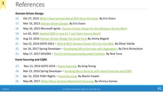 References
8/10/2018 (C) COPYRIGHT METAMAGIC GLOBAL INC., NEW JERSEY, USA 41
Domain Driven Design
16. Oct 27, 2012 What I have learned about DDD Since the book. By Eric Evans
17. Mar 19, 2013 Domain Driven Design By Eric Evans
18. May 16, 2015 Microsoft Ignite: Domain Driven Design for the Database Driven Mind
19. Jun 02, 2015 Applied DDD in Java EE 7 and Open Source World
20. Aug 23, 2016 Domain Driven Design the Good Parts By Jimmy Bogard
21. Sep 22, 2016 GOTO 2015 – DDD & REST Domain Driven API’s for the Web. By Oliver Gierke
22. Jan 24, 2017 Spring Developer – Developing Micro Services with Aggregates. By Chris Richardson
23. May 17. 2017 DEVOXX – The Art of Discovering Bounded Contexts. By Nick Tune
Event Sourcing and CQRS
23. Nov 13, 2014 GOTO 2014 – Event Sourcing. By Greg Young
24. Mar 22, 2016 Spring Developer – Building Micro Services with Event Sourcing and CQRS
25. Apr 15, 2016 YOW! Nights – Event Sourcing. By Martin Fowler
26. May 08, 2017 When Micro Services Meet Event Sourcing. By Vinicius Gomes
3
 