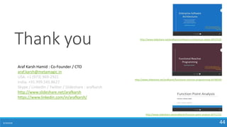 8/10/2018 44
Thank you
Araf Karsh Hamid : Co-Founder / CTO
araf.karsh@metamagic.in
USA: +1 (973) 969-2921
India: +91.999.545.8627
Skype / LinkedIn / Twitter / Slideshare : arafkarsh
http://www.slideshare.net/arafkarsh
https://www.linkedin.com/in/arafkarsh/
http://www.slideshare.net/arafkarsh/software-architecture-styles-64537120
http://www.slideshare.net/arafkarsh/function-point-analysis-65711721
http://www.slideshare.net/arafkarsh/functional-reactive-programming-64780160
 