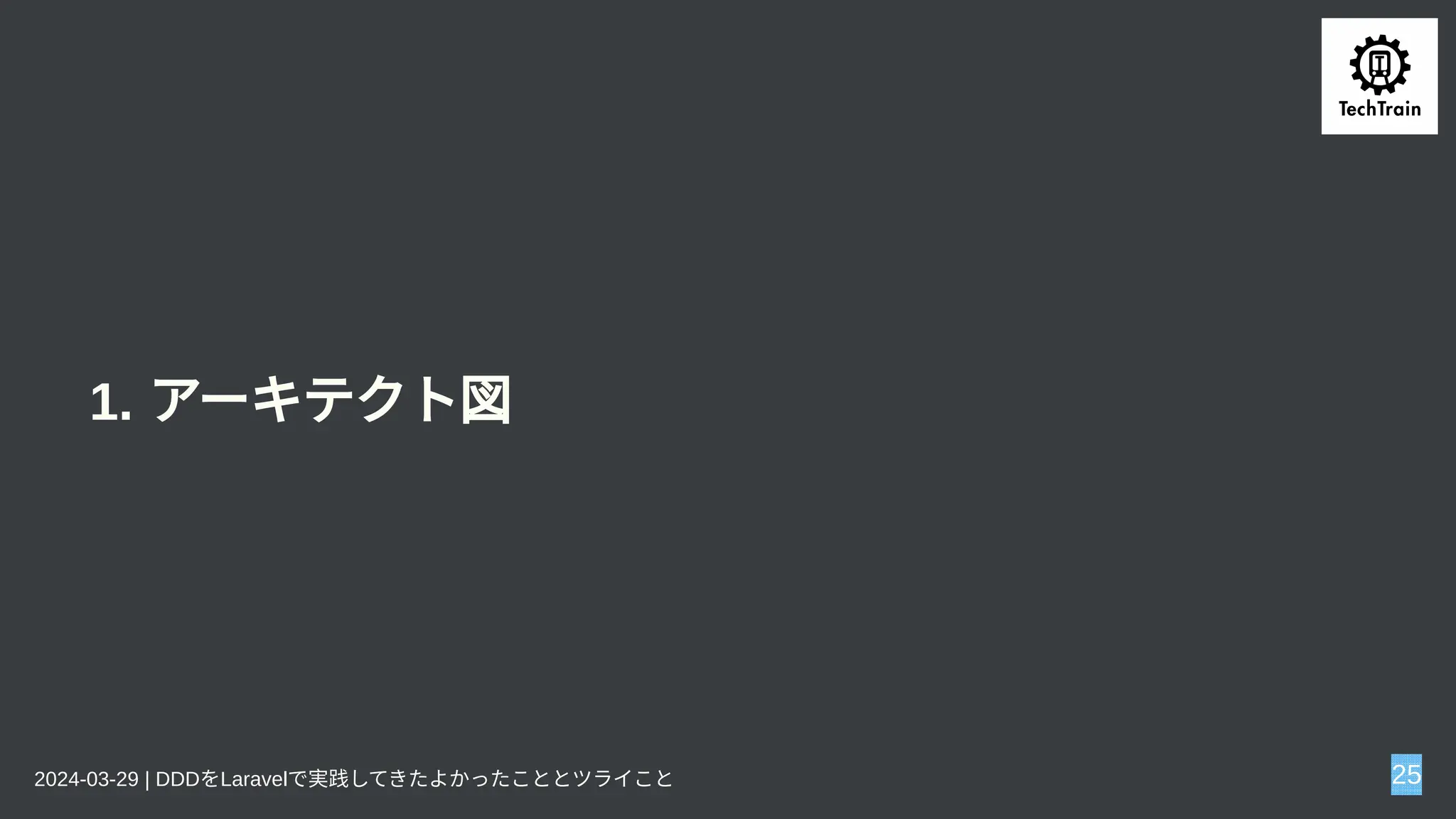 1. アーキテクト図
2024-03-29 | DDDをLaravelで実践してきたよかったこととツライこと 25
 