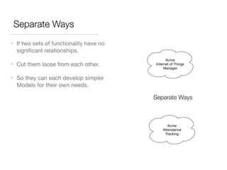 Separate Ways
• If two sets of functionality have no
signiﬁcant relationships.

• Cut them loose from each other.

• So they can each develop simpler
Models for their own needs.
Acme
Internet of Things
Manager
Separate Ways
Acme
Attendance
Tracking
 