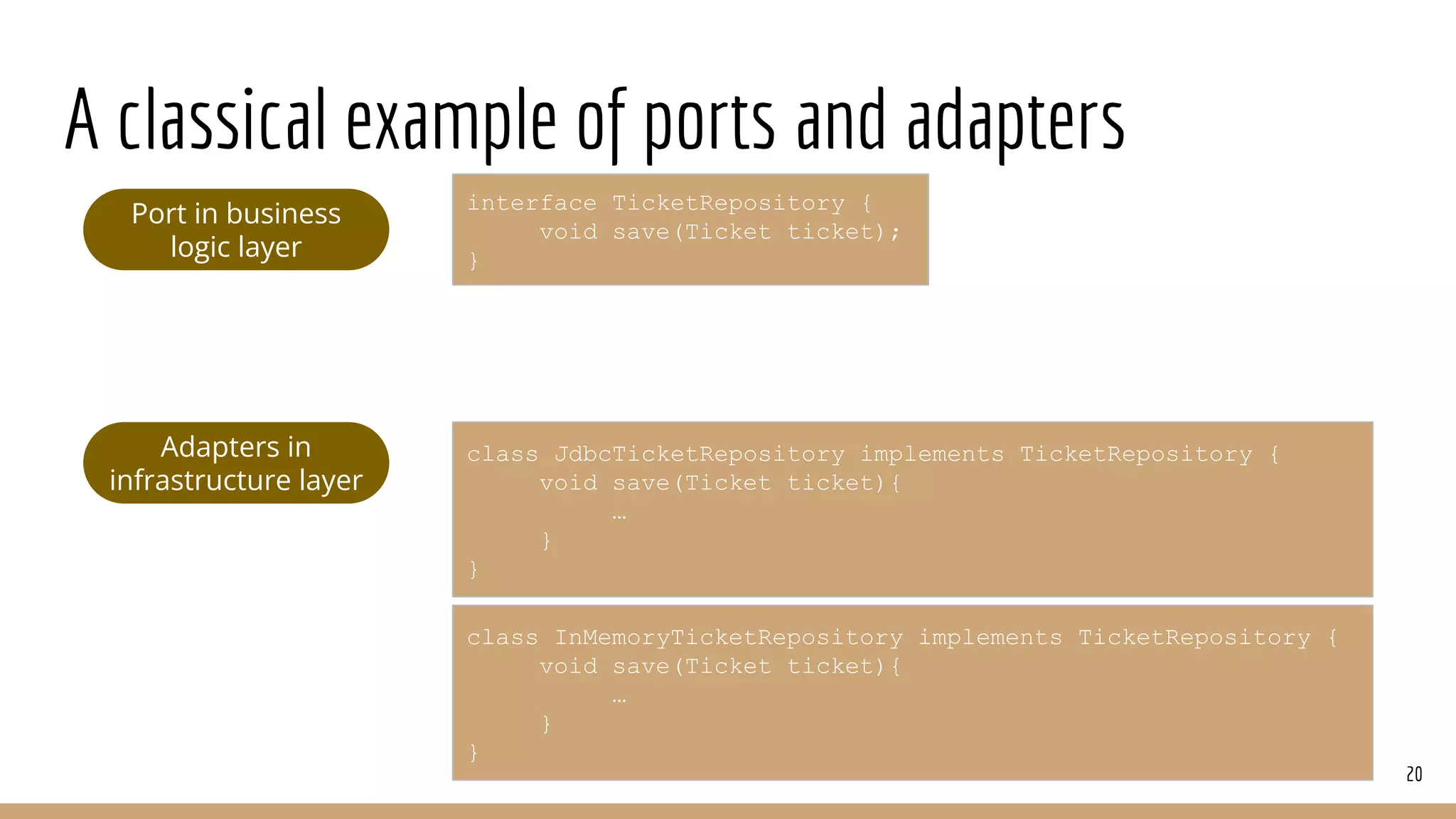 A classical example of ports and adapters
20
Port in business
logic layer
Adapters in
infrastructure layer
interface TicketRepository {
void save(Ticket ticket);
}
class JdbcTicketRepository implements TicketRepository {
void save(Ticket ticket){
…
}
}
class InMemoryTicketRepository implements TicketRepository {
void save(Ticket ticket){
…
}
}
 