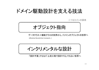 オブジェクト指向
インクリメンタルな設計
データクラス＋機能クラスの世界から、ドメインオブジェクトの世界へ
「設計不要」でもなく「上流工程で設計する」でもない世界へ
(JPA,Active Record,Entity Framework…)
ドメイン駆動設計を支える技法
101
二つはコインの裏表
 
