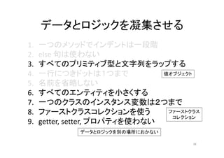 データとロジックを凝集させる
1. 一つのメソッドでインデントは一段階
2. else 句は使わない
3. すべてのプリミティブ型と文字列をラップする
4. 一行につきドットは１つまで
5. 名前を省略しない
6. すべてのエンティティを小さくする
7. 一つのクラスのインスタンス変数は２つまで
8. ファーストクラスコレクションを使う
9. getter, setter, プロパティを使わない
38
値オブジェクト
ファーストクラス
コレクション
データとロジックを別の場所におかない
 