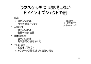 ラフスケッチには登場しない
ドメインオブジェクトの例
• Rate
– 値オブジェクト
– 料率の計算ロジック
• Amount
– 値オブジェクト
– 金額の四則演算
• DateRange
– 値オブジェクト
– 有効期間の設定と判定
• ValidType
– 区分オブジェクト
– チケットの状態区分と有効性の判定
最初から
コードで書いて
成長させている
97
 
