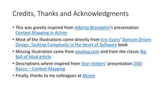 Credits, Thanks and Acknowledgments
• This was greatly inspired from Alberto Brandolini's presentation
Context Mapping in Action
• Most of the illustrations come directly from Eric Evans' Domain Driven
Design, Tackling Complexity in the Heart of Software book
• Missing illustration came from pixabay.com and from the classic Big
Ball of Mud article
• Descriptions where inspired from Stijn Volders' presentation DDD
Basics – Context Mapping
• Finally, thanks to my colleagues at Murex
 