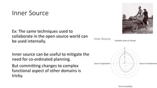 Inner Source
Ex: The same techniques used to
collaborate in the open source world can
be used internally.
Inner source can be useful to mitigate the
need for co-ordinated planning.
But committing changes to complex
functional aspect of other domains is
tricky.
 