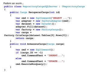 public   class   RepositoryCargaSQLServer  :  IRepositoryCarga {      public   Carga  RecuperarCarga( int  id)      {          var  cmd =  new   SqlCommand ( "SELECT ..." );          var  adapter =  new   SqlDataAdapter (cmd);          var  dataset =  new   DataSet ();          adapter.Fill(dataset);          var  factory =  new   FactoryCarga ();          var  carga = factory.CriaCarga(dataset.Tables[0].Rows[0]);          return  carga;      }      public   void  ArmazenaCarga( Carga  carga)      {          var  cmd =  new   SqlCommand ();          if  (carga.ID == -1)              cmd.CommandText =  "INSERT..." ;          else              cmd.CommandText =  "UPDATE..." ;                      cmd.ExecuteNonQuery();      } } Podem ser assim... 