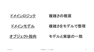 2019/3/22 ©有限会社 システム設計 10
ドメインロジック 複雑さの根源
ドメインモデル 複雑さをモデルで整理
オブジェクト指向 モデルと実装の一致
 