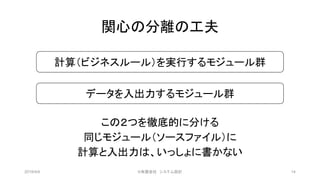 関心の分離の工夫
この２つを徹底的に分ける
同じモジュール（ソースファイル）に
計算と入出力は、いっしょに書かない
2019/4/4 14©有限会社 システム設計
計算（ビジネスルール）を実行するモジュール群
データを入出力するモジュール群
 