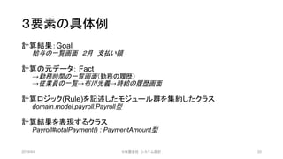 ３要素の具体例
計算結果：Goal
給与の一覧画面 ２月 支払い額
計算の元データ： Fact
→勤務時間の一覧画面（勤務の履歴）
→従業員の一覧→布川光義→時給の履歴画面
計算ロジック(Rule)を記述したモジュール群を集約したクラス
domain.model.payroll.Payroll型
計算結果を表現するクラス
Payroll#totalPayment() : PaymentAmount型
2019/4/4 20©有限会社 システム設計
 