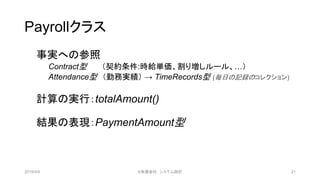 Payrollクラス
事実への参照
Contract型 （契約条件:時給単価、割り増しルール、…）
Attendance型 （勤務実績） → TimeRecords型 (毎日の記録のコレクション)
計算の実行：totalAmount()
結果の表現：PaymentAmount型
2019/4/4 ©有限会社 システム設計 21
 
