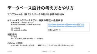 データベース設計の考え方とやり方
プログラムからは独立したデータの記録と参照の仕組み
イミュータブルなデータモデル：事実の履歴＋最新状態
事実の履歴 → INSERT オンリー
最新状態の導出結果 → DELETE/INSERT
NO UPDATE
NO updated_at カラム
制約指向
データ型
NOT NULL制約、外部キー制約、ユニーク制約
とことん日本語
スキーマ名、テーブル名、カラム名 実験だったけど、なかなか良い感じ（説明ドキュメント）
2019/4/4 36
https://www.slideshare.net/kawasima/ss-40471672
https://www.slideshare.net/kawasima/ss-44958468
川島さんのスライド
©有限会社 システム設計
 