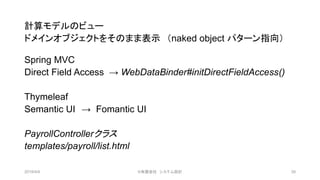 計算モデルのビュー
ドメインオブジェクトをそのまま表示 （naked object パターン指向）
Spring MVC
Direct Field Access → WebDataBinder#initDirectFieldAccess()
Thymeleaf
Semantic UI → Fomantic UI
PayrollControllerクラス
templates/payroll/list.html
2019/4/4 39©有限会社 システム設計
 