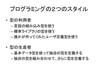 プログラミングの２つのスタイル
• 型の利用者
– 言語の組み込み型を使う
– 標準ライブラリの型を使う
– 誰かが作ってくれたユーザ定義型を使う
• 型の生産者
– 基本データ型を使って独自の型を定義する
– 独自の型を組み合わせて、さらに型を定義する
 