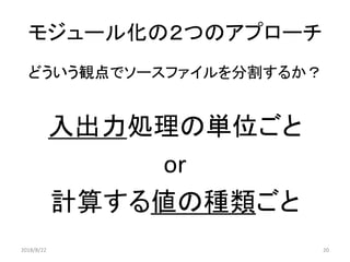 モジュール化の２つのアプローチ
どういう観点でソースファイルを分割するか？
入出力処理の単位ごと
or
計算する値の種類ごと
2018/8/22 20
 
