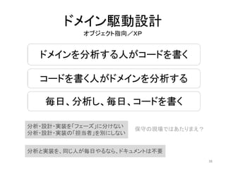 ドメイン駆動設計
ドメインを分析する人がコードを書く
毎日、分析し、毎日、コードを書く
コードを書く人がドメインを分析する
分析・設計・実装を「フェーズ」に分けない
分析・設計・実装の「担当者」を別にしない
分析と実装を、同じ人が毎日やるなら、ドキュメントは不要
オブジェクト指向／ＸＰ
38
保守の現場ではあたりまえ？
 