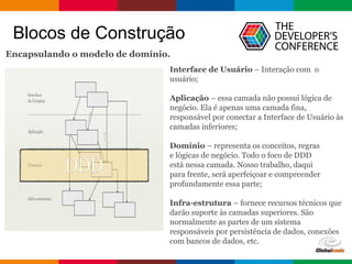 pen4education
Blocos de Construção
Encapsulando o modelo de domínio.
Interface de Usuário – Interação com o
usuário;
Aplicação – essa camada não possui lógica de
negócio. Ela é apenas uma camada fina,
responsável por conectar a Interface de Usuário às
camadas inferiores;
Domínio – representa os conceitos, regras
e lógicas de negócio. Todo o foco de DDD
está nessa camada. Nosso trabalho, daqui
para frente, será aperfeiçoar e compreender
profundamente essa parte;
Infra-estrutura – fornece recursos técnicos que
darão suporte às camadas superiores. São
normalmente as partes de um sistema
responsáveis por persistência de dados, conexões
com bancos de dados, etc.
 