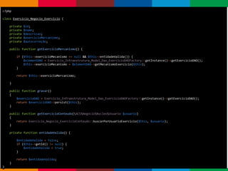 pen4education
Entidades
<?php
class Exercicio_Negocio_Exercicio {
private $id;
private $nome;
private $descricao;
private $exercicioMercanismo;
private $autocorreção;
public function getExercicioMercanismo() {
if ($this->exercicioMecanismo == null && $this->entidadeValida()) {
$elementDAO = Exercicio_Infraestrutura_Model_Dao_ExercicioDAOFactory::getInstance()->getExercicioDAO();
$this->exercicioMecanismo = $elementDAO->getMecanismoExercicio($this);
}
return $this->exercicioMercanismo;
}
public function gravar()
{
$exercicioDAO = Exercicio_Infraestrutura_Model_Dao_ExercicioDAOFactory::getInstance()->getExercicioDAO();
return $exercicioDAO->persist($this);
}
public function getExercicioConteudo(ACSNegocioNucleoUsuario $usuario)
{
return Exercicio_Negocio_ExercicioConteudo::buscarPorUsuarioExercicio($this, $usuario);
}
private function entidadeValida() {
$entidadeValida = false;
if ($this->getId() != null) {
$entidadeValida = true;
}
return $entidadeValida;
}
}
 