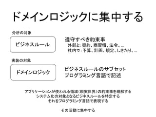 ドメインロジックに集中する
ビジネスルール
ドメインロジック
分析の対象
実装の対象
遵守すべき約束事
外部と：契約、商習慣、法令、…
社内で：予算、計画、規定、しきたり、…
ビジネスルールのサブセット
プログラミング言語で記述
アプリケーションが使われる領域（現実世界）の約束事を理解する
システム化の対象となるビジネスルールを特定する
それをプログラミング言語で表現する
その活動に集中する
 