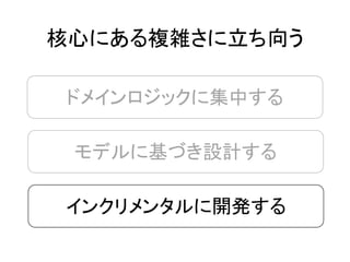 ドメインロジックに集中する
モデルに基づき設計する
インクリメンタルに開発する
核心にある複雑さに立ち向う
 