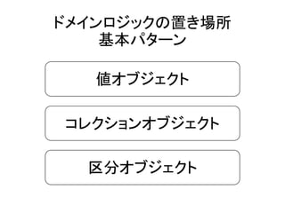 値オブジェクト
コレクションオブジェクト
区分オブジェクト
ドメインロジックの置き場所
基本パターン
 