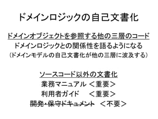 ドメインロジックの自己文書化
ドメインオブジェクトを参照する他の三層のコード
ドメインロジックとの関係性を語るようになる
（ドメインモデルの自己文書化が他の三層に波及する）
ソースコード以外の文書化
業務マニュアル ＜重要＞
利用者ガイド ＜重要＞
開発・保守ドキュメント ＜不要＞
 