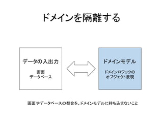 ドメインを隔離する
データの入出力
画面
データベース
ドメインモデル
ドメインロジックの
オブジェクト表現
画面やデータベースの都合を、ドメインモデルに持ち込まないこと
 