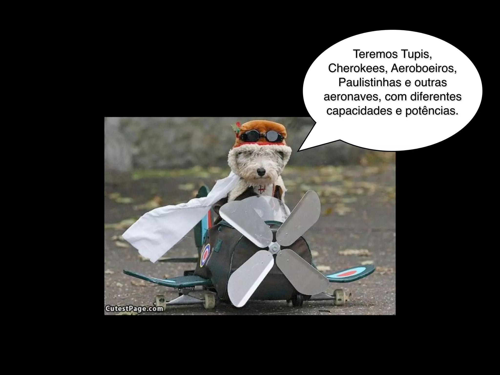 Teremos Tupis,
Cherokees, Aeroboeiros,
Paulistinhas e outras
aeronaves, com diferentes
capacidades e potências.
 