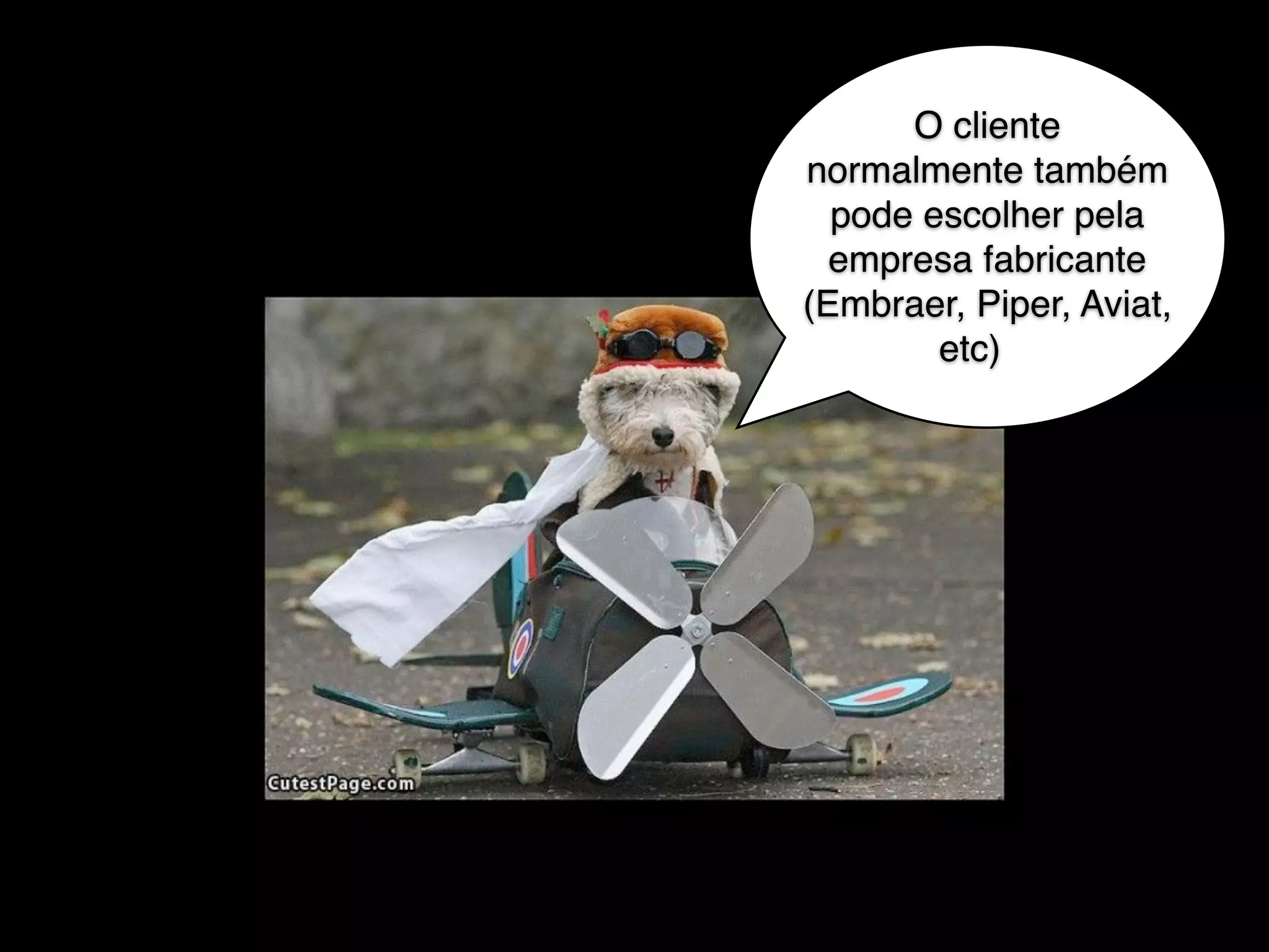 Normalmente o
cliente também pode
escolher pela empresa
fabricante (Embraer,
Piper, Aviat, etc)
 