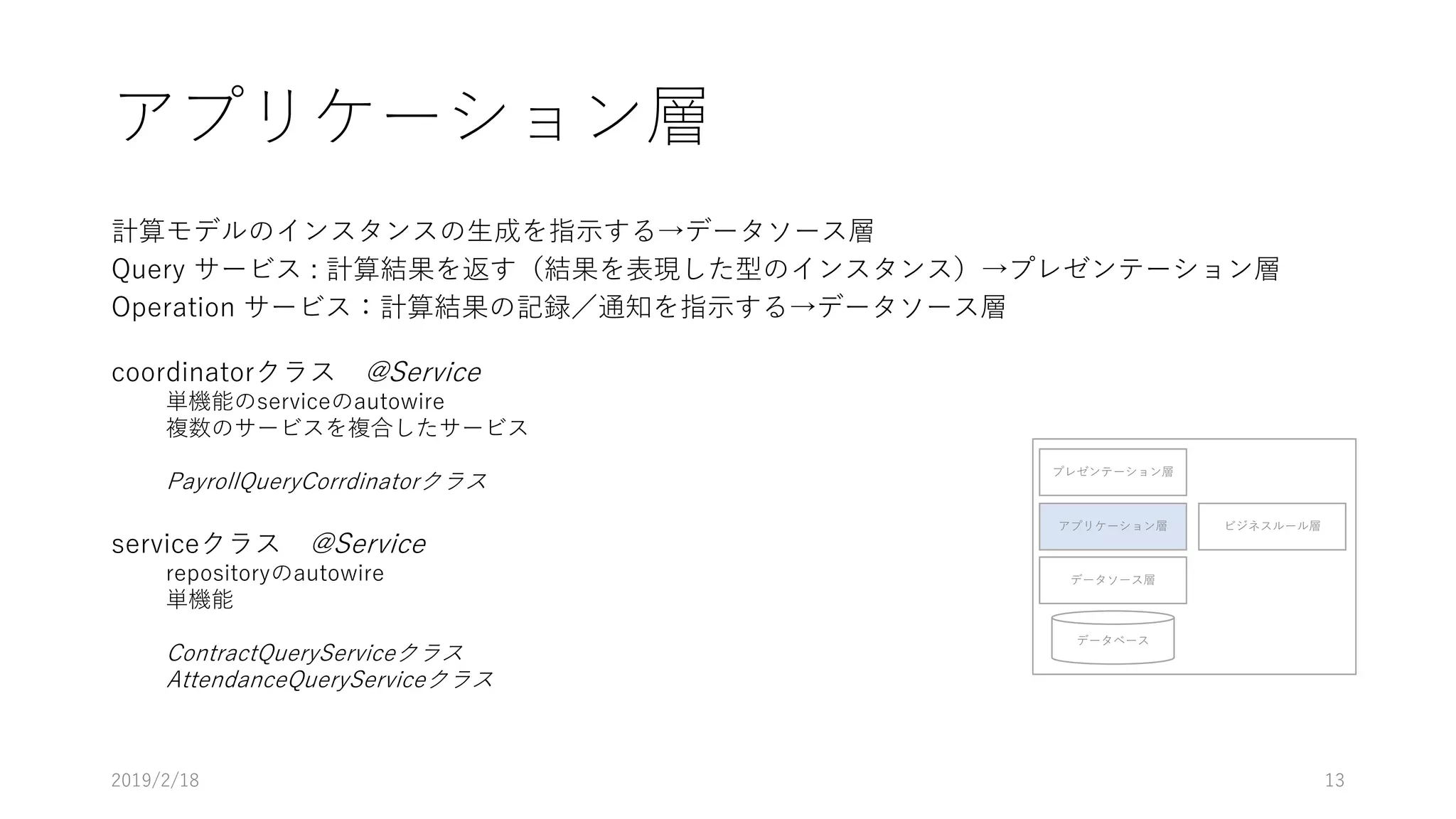 アプリケーション層
計算モデルのインスタンスの生成を指示する→データソース層
Query サービス : 計算結果を返す（結果を表現した型のインスタンス）→プレゼンテーション層
Operation サービス：計算結果の記録／通知を指示する→データソース層
coordinatorクラス @Service
単機能のserviceのautowire
複数のサービスを複合したサービス
PayrollQueryCorrdinatorクラス
serviceクラス @Service
repositoryのautowire
単機能
ContractQueryServiceクラス
AttendanceQueryServiceクラス
プレゼンテーション層
アプリケーション層
データソース層
データベース
ビジネスルール層
2019/2/18 13
 