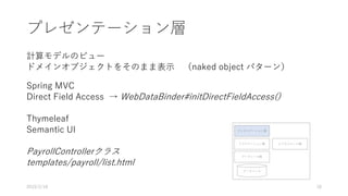 プレゼンテーション層
計算モデルのビュー
ドメインオブジェクトをそのまま表示 （naked object パターン）
Spring MVC
Direct Field Access → WebDataBinder#initDirectFieldAccess()
Thymeleaf
Semantic UI
PayrollControllerクラス
templates/payroll/list.html
プレゼンテーション層
アプリケーション層
データソース層
データベース
ビジネスルール層
2019/2/18 18
 