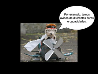 Por exemplo, temos
aviões de diferentes cores
e capacidades.

 