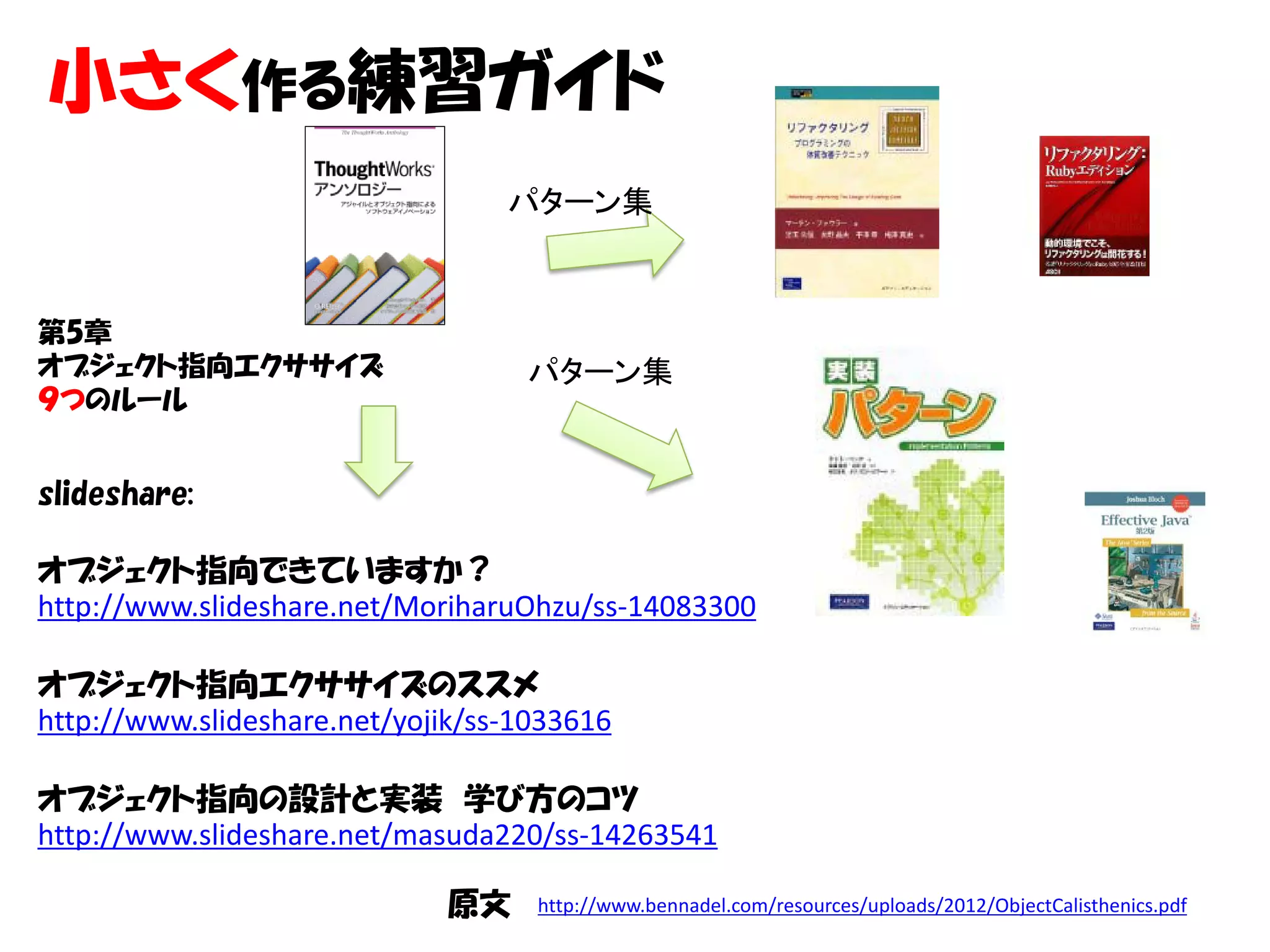 小さく作る練習ガイド
                                  パターン集



第5章
オブジェクト指向エクササイズ                     パターン集
９つのルール


slideshare:

オブジェクト指向できていますか？
http://www.slideshare.net/MoriharuOhzu/ss-14083300

オブジェクト指向エクササイズのススメ
http://www.slideshare.net/yojik/ss-1033616

オブジェクト指向の設計と実装 学び方のコツ
http://www.slideshare.net/masuda220/ss-14263541

                              原文    http://www.bennadel.com/resources/uploads/2012/ObjectCalisthenics.pdf
 