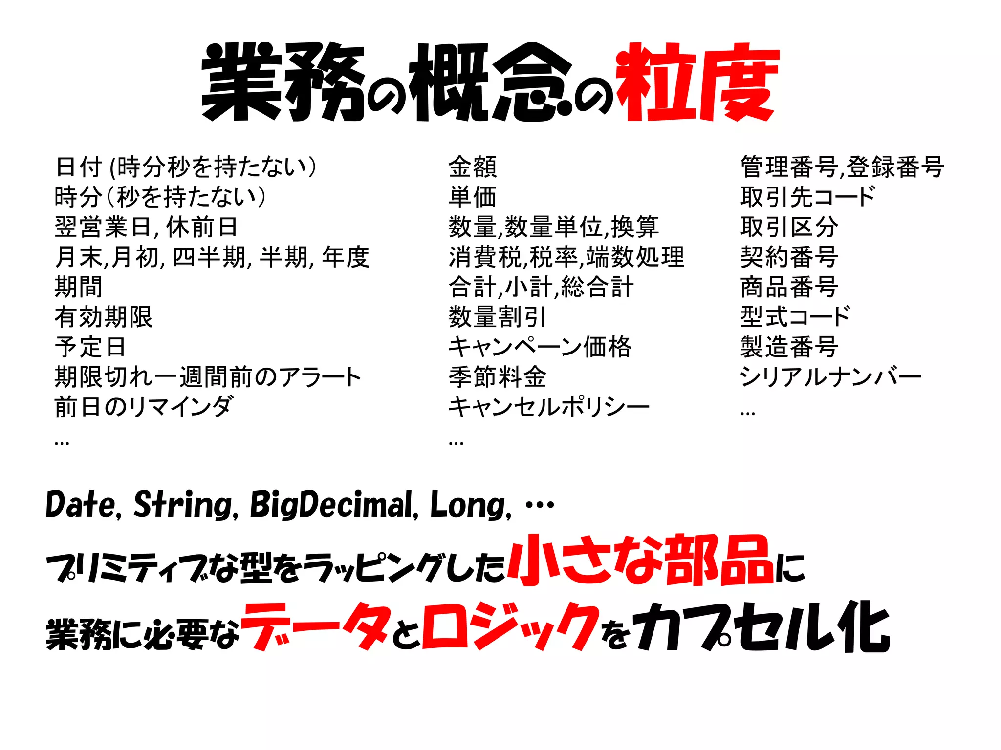 業務の概念の粒度
日付 (時分秒を持たない）            金額            管理番号,登録番号
時分（秒を持たない）               単価            取引先コード
翌営業日, 休前日                数量,数量単位,換算    取引区分
月末,月初, 四半期, 半期, 年度       消費税,税率,端数処理   契約番号
期間                       合計,小計,総合計     商品番号
有効期限                     数量割引          型式コード
予定日                      キャンペーン価格      製造番号
期限切れ一週間前のアラート            季節料金          シリアルナンバー
前日のリマインダ                 キャンセルポリシー     …
…                        …

Date, String, BigDecimal, Long, …
            小さな部品に
プリミティブな型をラッピングした

業務に必要なデータとロジックをカプセル化
 