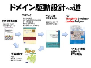 ドメイン駆動設計への道
             テクニック               オブジェクト      For
                 メソッドの構成         設計スタイル      Thoughtful Developer
                 オブジェクト間の特性の移動
小さく作る練習          データの再編成         役割ステレオタイプ   Leading Designer
OO エクササイズ        条件記述の単純化        小数の隣人と協力
９つの簡単なルール        メソッド呼び出しの単純化




                                                 ドメインの理解
                                                 言葉の力
      実装の哲学                                      モデル駆動
     クラス
     振る舞いとメソッド
     状態とコレクション
 