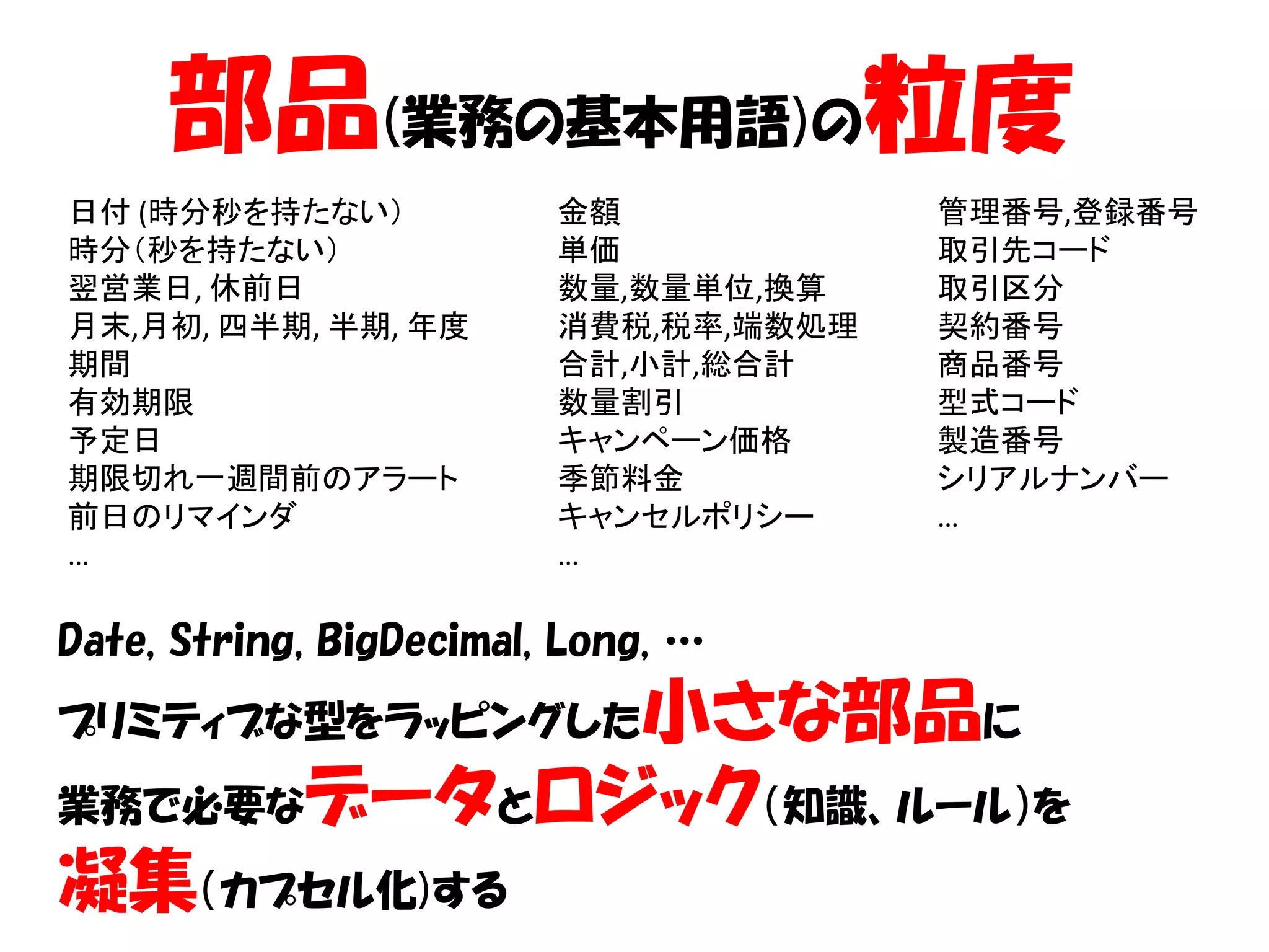 部品(業務の基本用語)の粒度
日付 (時分秒を持たない）            金額            管理番号,登録番号
時分（秒を持たない）               単価            取引先コード
翌営業日, 休前日                数量,数量単位,換算    取引区分
月末,月初, 四半期, 半期, 年度       消費税,税率,端数処理   契約番号
期間                       合計,小計,総合計     商品番号
有効期限                     数量割引          型式コード
予定日                      キャンペーン価格      製造番号
期限切れ一週間前のアラート            季節料金          シリアルナンバー
前日のリマインダ                 キャンセルポリシー     …
…                        …

Date, String, BigDecimal, Long, …
            小さな部品に
プリミティブな型をラッピングした

業務で必要なデータとロジック（知識、ルール）を

凝集（カプセル化)する
 