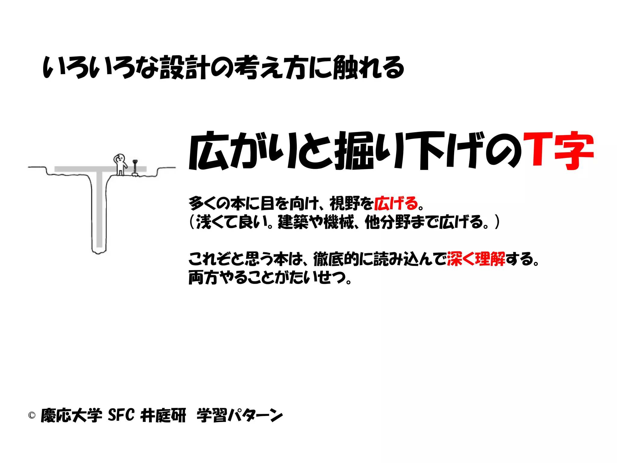 いろいろな設計の考え方に触れる


             広がりと掘り下げのＴ字
             多くの本に目を向け、視野を広げる。
             （浅くて良い。建築や機械、他分野まで広げる。）

             これぞと思う本は、徹底的に読み込んで深く理解する。
             両方やることがたいせつ。




© 慶応大学 SFC 井庭研 学習パターン
 