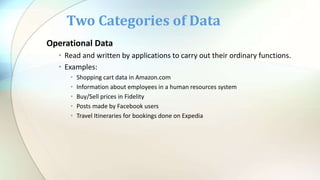Operational Data
• Read and written by applications to carry out their ordinary functions.
• Examples:
• Shopping cart data in Amazon.com
• Information about employees in a human resources system
• Buy/Sell prices in Fidelity
• Posts made by Facebook users
• Travel Itineraries for bookings done on Expedia
Two Categories of Data
 