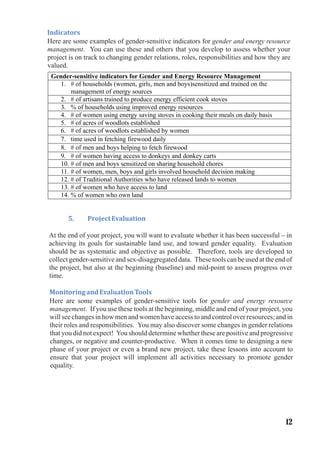 Indicators
5. ProjectEvaluation
MonitoringandEvaluationTools
Here are some examples of gender-sensitive indicators for gender and energy resource
management. You can use these and others that you develop to assess whether your
project is on track to changing gender relations, roles, responsibilities and how they are
valued.
At the end of your project, you will want to evaluate whether it has been successful – in
achieving its goals for sustainable land use, and toward gender equality. Evaluation
should be as systematic and objective as possible. Therefore, tools are developed to
collect gender-sensitive and sex-disaggregated data. These tools can be used at the end of
the project, but also at the beginning (baseline) and mid-point to assess progress over
time.
Here are some examples of gender-sensitive tools for gender and energy resource
management. If you use these tools at the beginning, middle and end of your project, you
will see changes in how men and women have access to and control over resources; and in
their roles and responsibilities. You may also discover some changes in gender relations
that you did not expect! You should determine whether these are positive and progressive
changes, or negative and counter-productive. When it comes time to designing a new
phase of your project or even a brand new project, take these lessons into account to
ensure that your project will implement all activities necessary to promote gender
equality.
Gender-sensitive indicators for Gender and Energy Resource Management
1. # of households (women, girls, men and boys)sensitized and trained on the
management of energy sources
2. # of artisans trained to produce energy efficient cook stoves
3. % of households using improved energy resources
4. # of women using energy saving stoves in cooking their meals on daily basis
5. # of acres of woodlots established
6. # of acres of woodlots established by women
7. time used in fetching firewood daily
8. # of men and boys helping to fetch firewood
9. # of women having access to donkeys and donkey carts
10. # of men and boys sensitized on sharing household chores
11. # of women, men, boys and girls involved household decision making
12. # of Traditional Authorities who have released lands to women
13. # of women who have access to land
14. % of women who own land
12
 