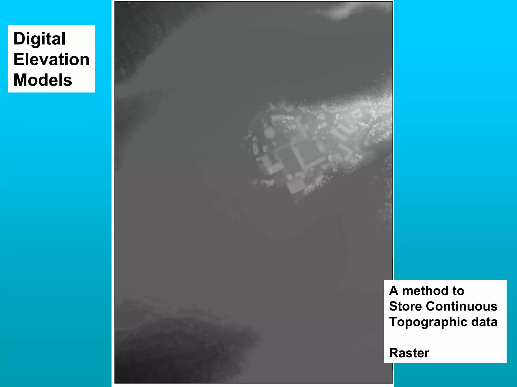 Digital
Elevation
Models




            A method to
            Store Continuous
            Topographic data

            Raster
 