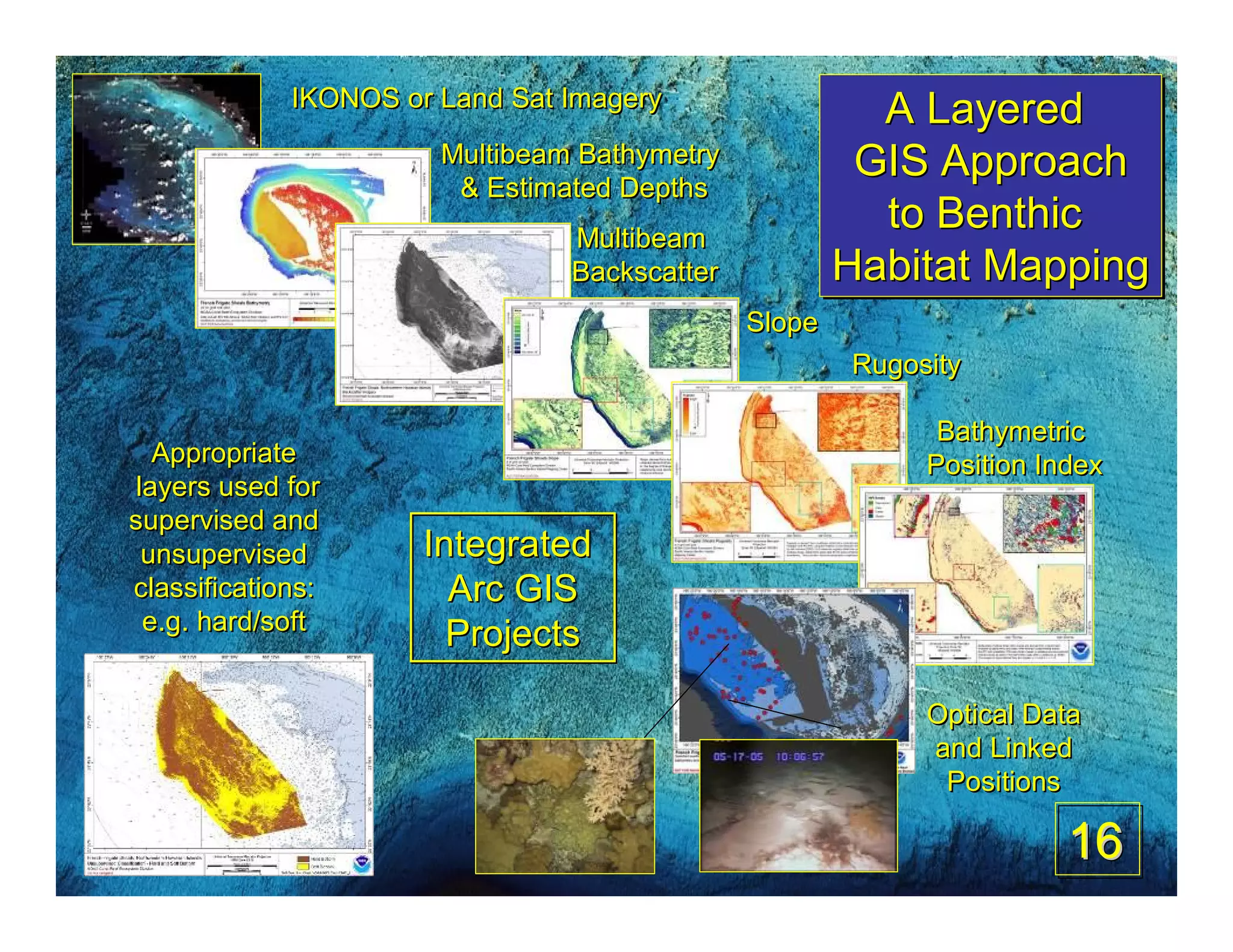 IKONOS or Land Sat Imagery
                                                        A Layered
                       Multibeam Bathymetry            GIS Approach
                        & Estimated Depths
                                Multibeam
                                                        to Benthic
                                Backscatter           Habitat Mapping
                                              Slope
                                                      Rugosity

                                                            Bathymetric
   Appropriate                                             Position Index
 layers used for
supervised and
  unsupervised        Integrated
classifications:        Arc GIS
  e.g. hard/soft
                        Projects

                                                           Optical Data
                                                           and Linked
                                                            Positions

                                                                      16
 