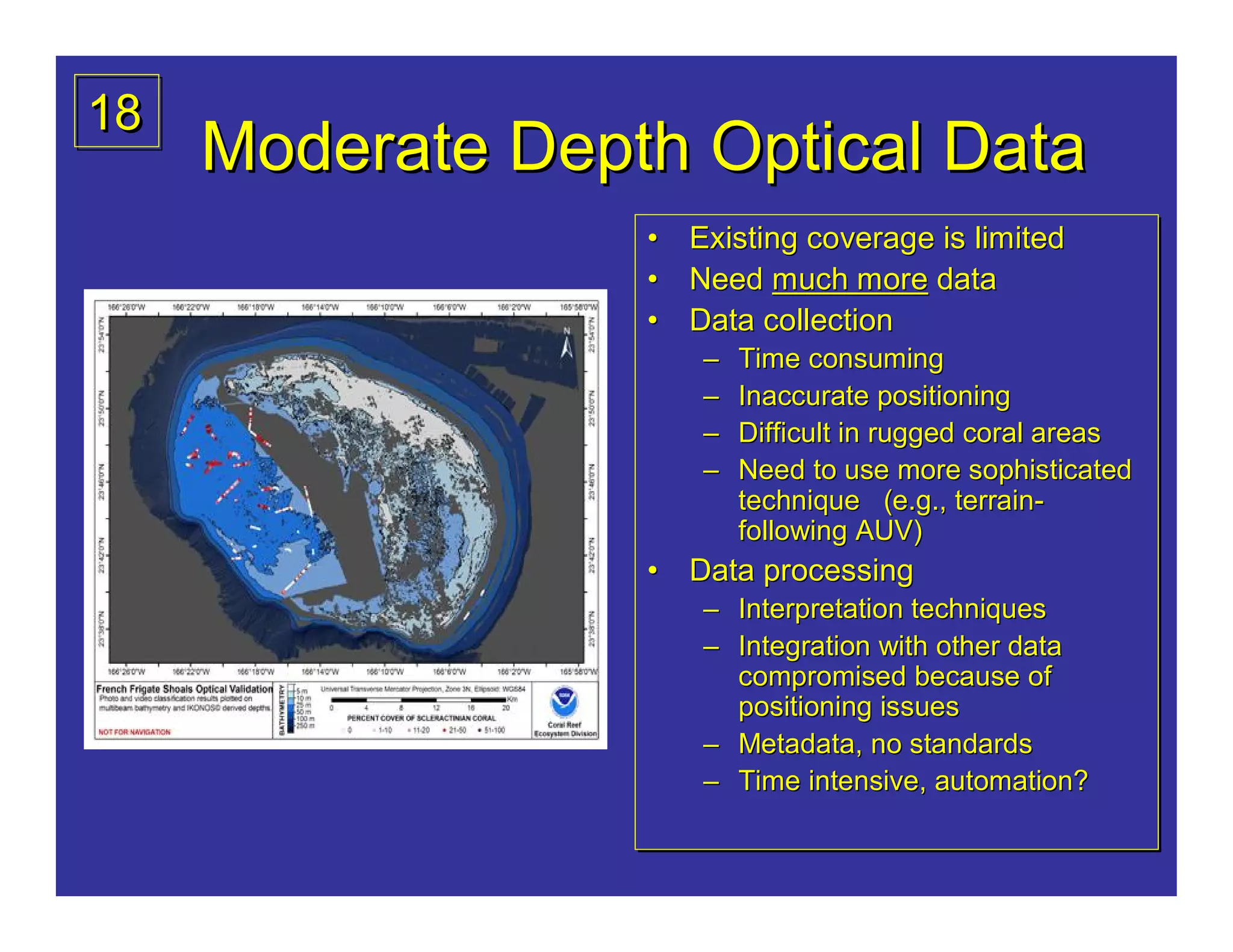 18
     Moderate Depth Optical Data
                  •   Existing coverage is limited
                  •   Need much more data
                  •   Data collection
                       –
                       –   Time consuming
                           Time consuming
                       –
                       –   Inaccurate positioning
                           Inaccurate positioning
                       –
                       –   Difficult in rugged coral areas
                           Difficult in rugged coral areas
                       –
                       –   Need to use more sophisticated
                           Need to use more sophisticated
                           technique (e.g., terrain-
                           technique (e.g., terrain-
                           following AUV)
                           following AUV)
                  • Data processing
                       – Interpretation techniques
                       – Interpretation techniques
                       – Integration with other data
                       – Integration with other data
                         compromised because of
                         compromised because of
                         positioning issues
                         positioning issues
                       – Metadata, no standards
                       – Metadata, no standards
                       – Time intensive, automation?
                       – Time intensive, automation?
 