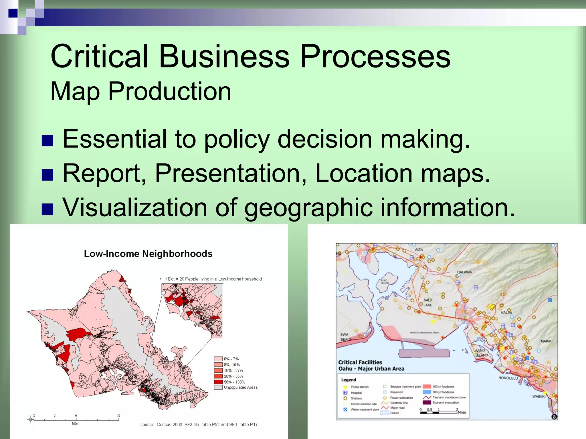 Critical Business Processes
Map Production
Essential to policy decision making.
Report, Presentation, Location maps.
Visualization of geographic information.
 