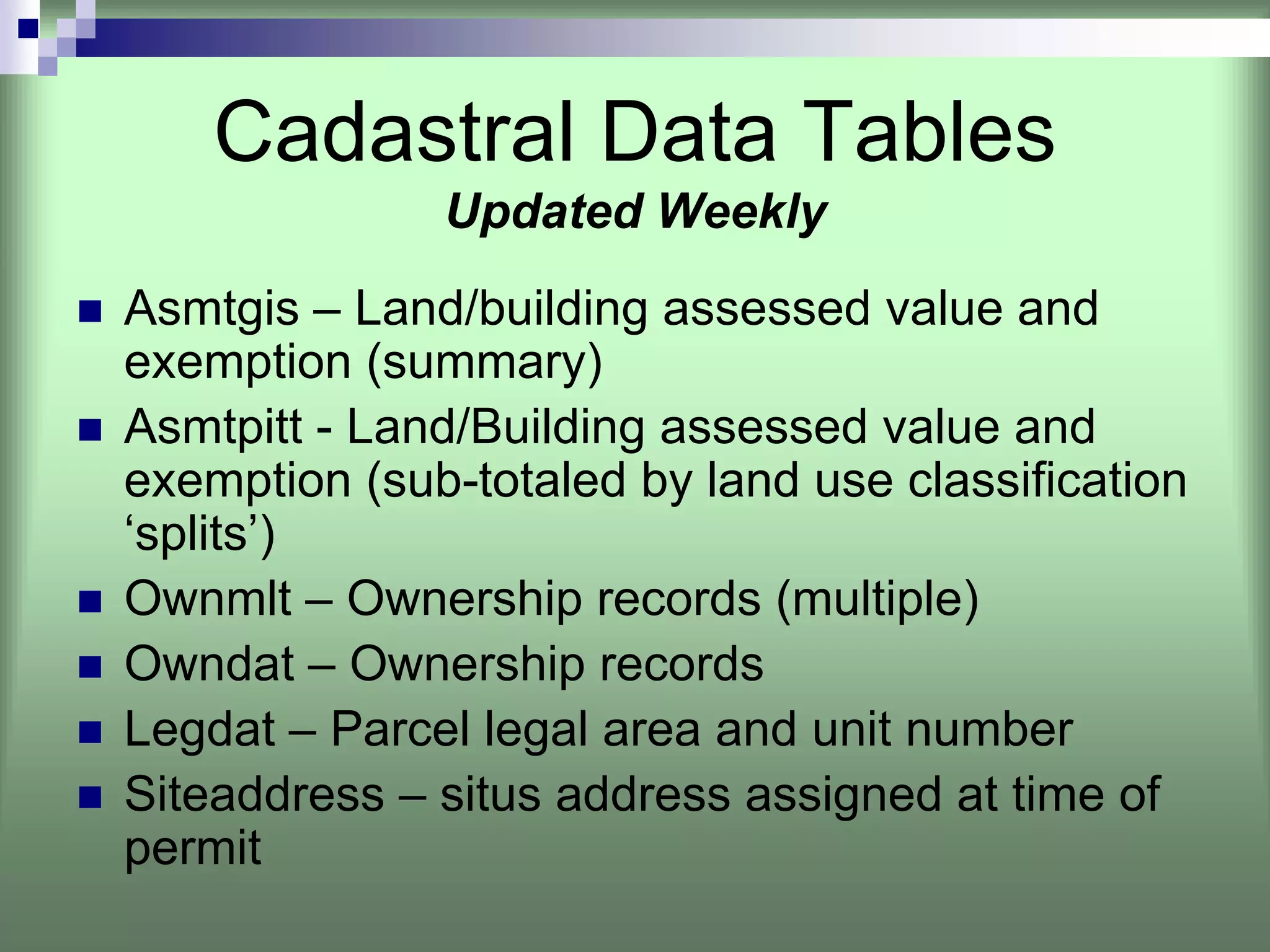 Cadastral Data Tables
              Updated Weekly
Asmtgis – Land/building assessed value and
exemption (summary)
Asmtpitt - Land/Building assessed value and
exemption (sub-totaled by land use classification
‘splits’)
Ownmlt – Ownership records (multiple)
Owndat – Ownership records
Legdat – Parcel legal area and unit number
Siteaddress – situs address assigned at time of
permit
 