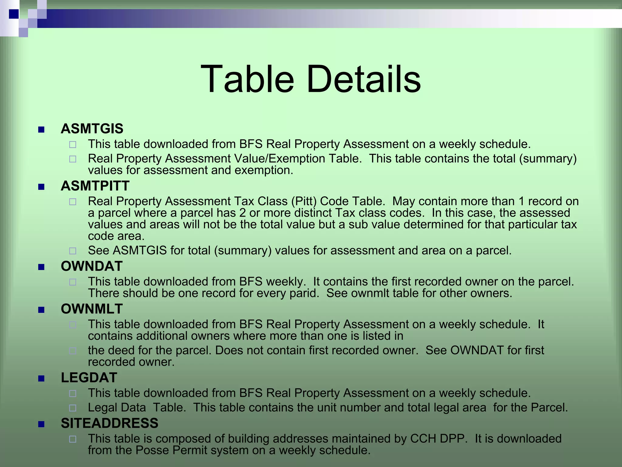Table Details
ASMTGIS
   This table downloaded from BFS Real Property Assessment on a weekly schedule.
   Real Property Assessment Value/Exemption Table. This table contains the total (summary)
   values for assessment and exemption.
ASMTPITT
   Real Property Assessment Tax Class (Pitt) Code Table. May contain more than 1 record on
   a parcel where a parcel has 2 or more distinct Tax class codes. In this case, the assessed
   values and areas will not be the total value but a sub value determined for that particular tax
   code area.
   See ASMTGIS for total (summary) values for assessment and area on a parcel.
OWNDAT
   This table downloaded from BFS weekly. It contains the first recorded owner on the parcel.
   There should be one record for every parid. See ownmlt table for other owners.
OWNMLT
   This table downloaded from BFS Real Property Assessment on a weekly schedule. It
   contains additional owners where more than one is listed in
   the deed for the parcel. Does not contain first recorded owner. See OWNDAT for first
   recorded owner.
LEGDAT
   This table downloaded from BFS Real Property Assessment on a weekly schedule.
   Legal Data Table. This table contains the unit number and total legal area for the Parcel.
SITEADDRESS
   This table is composed of building addresses maintained by CCH DPP. It is downloaded
   from the Posse Permit system on a weekly schedule.
 