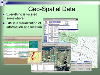 Geo-Spatial Data
Everything is located
somewhere!
GIS is a visualization of
information at a location.
 